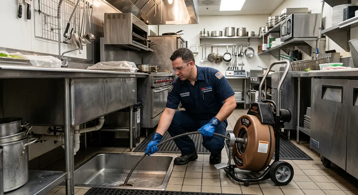 Commercial drain cleaning service in a restaurant kitchen in Waterford