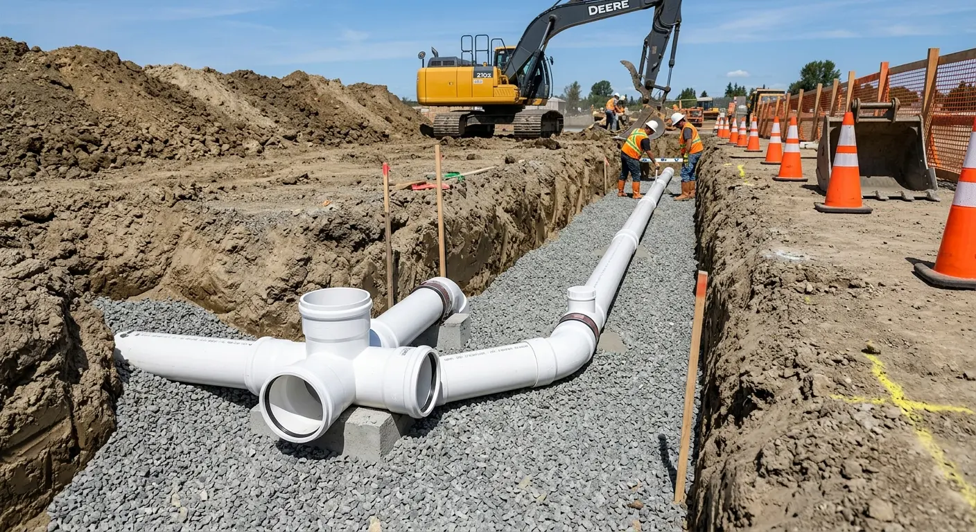 New PVC sewer pipe installation in open trench for Sewer Backup in Waterford